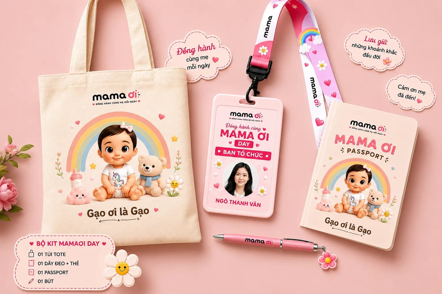 Bộ Welcome Kit Mama Ơi Day — túi tote, dây đeo và thẻ, Mama Ơi Passport và bút